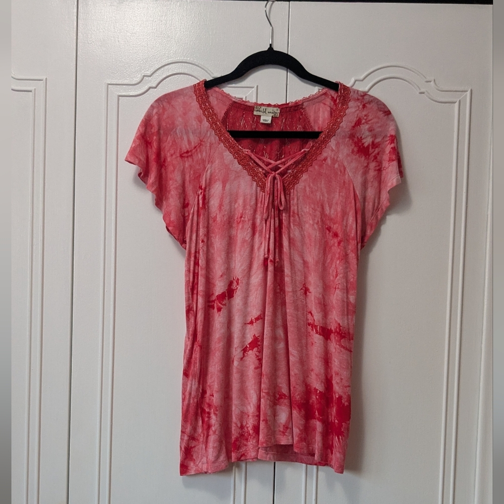 world Unity Women's Pink and White Relaxed Tie Front Blouse Size S